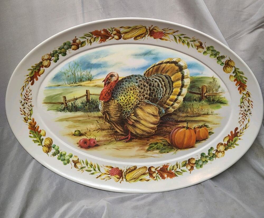 Brookpark Thanksgiving Turkey Platter Melamine #1521 Oval Tray 21" x 15" Vintage